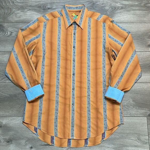 Robert Graham Striped Long Sleeve Button Shirt Contrasting Cuffs Orange‎ Blue M - Picture 1 of 14